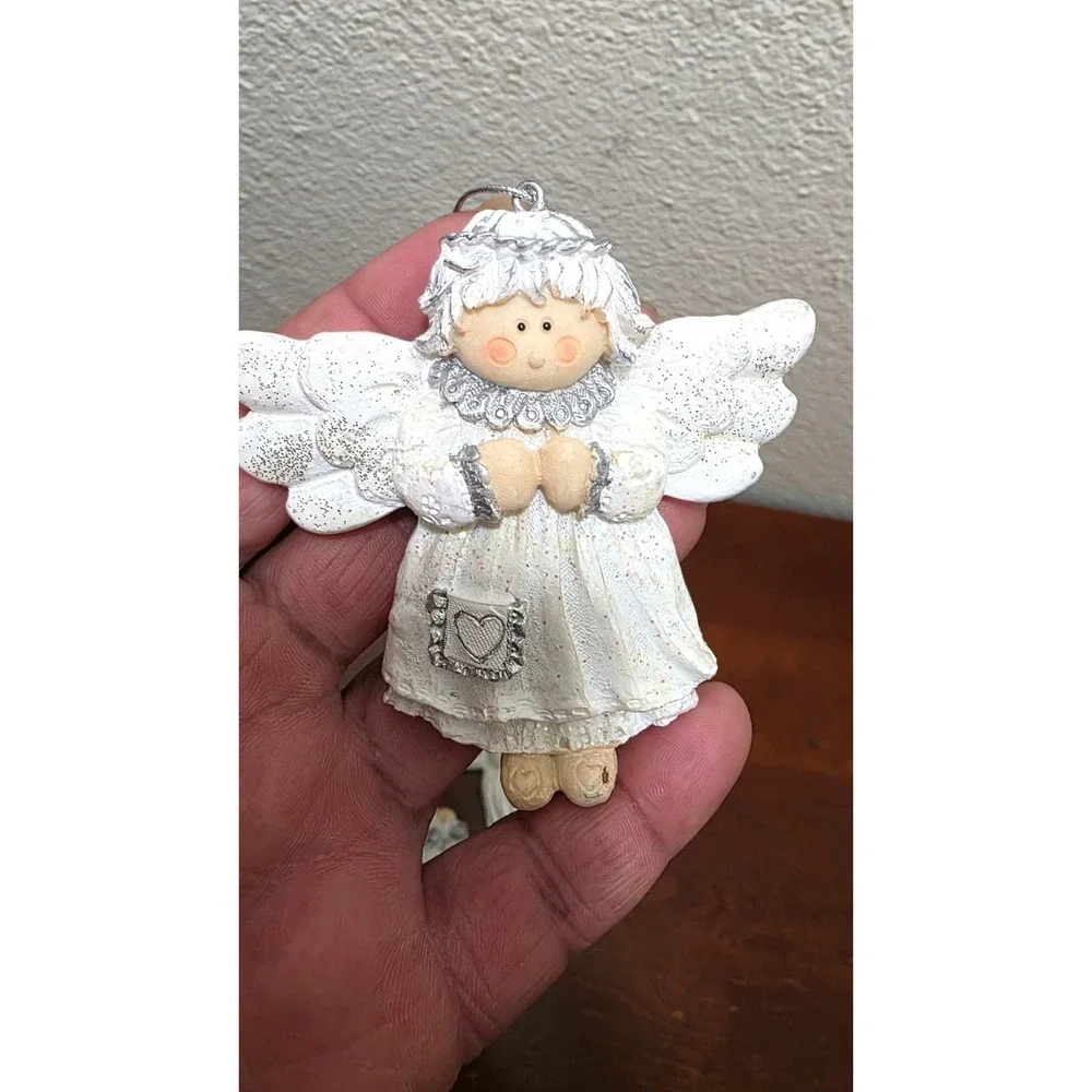 Set Of 3 Hand-Painted Ceramic Angel Christmas Ornaments Glitter Accents & Silver